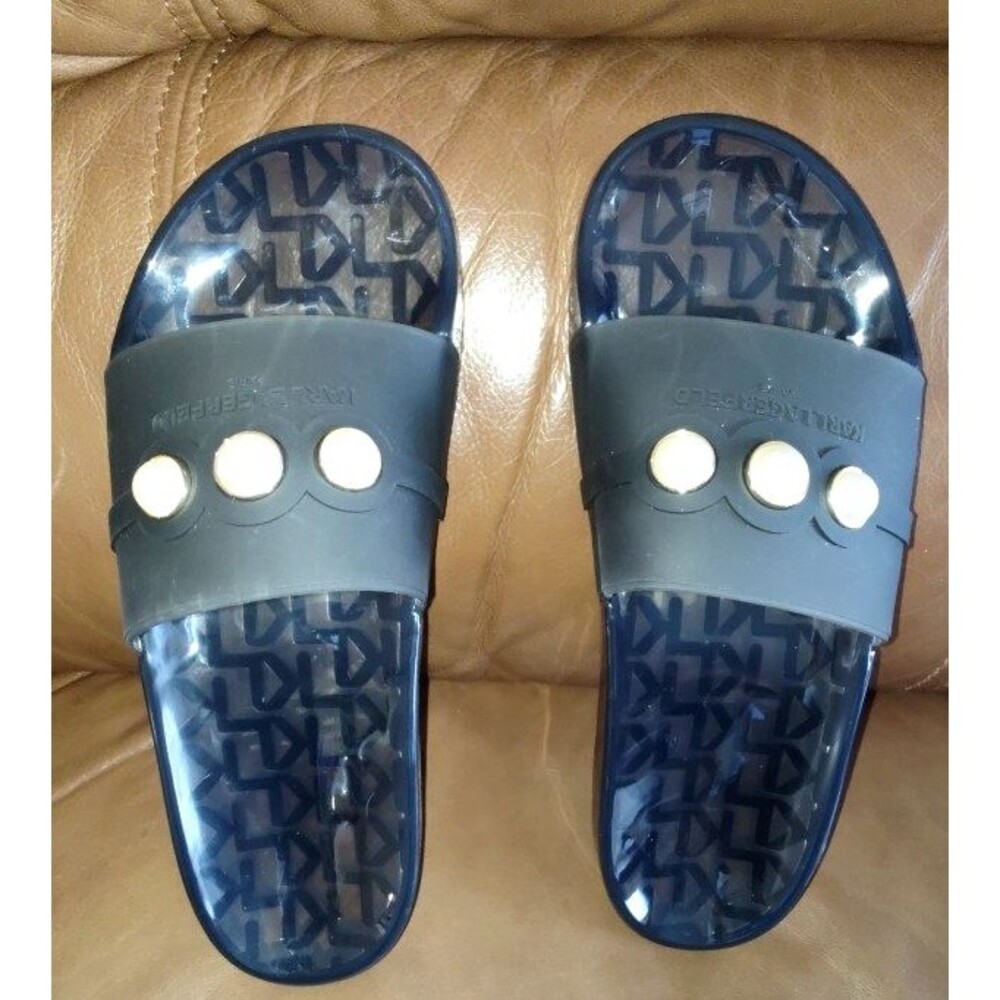 New Women's Karl Lagerfeld Black Jelly Transparent Tula Slides with Pearls Sz 9